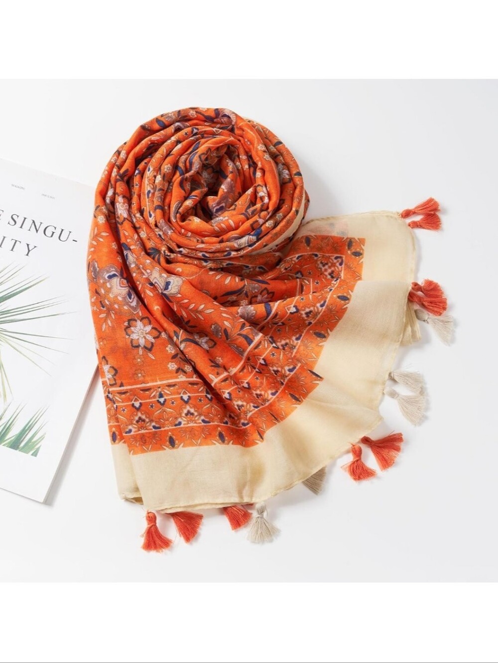 Bohemian Floral Tassel Scarf - Orange & Cream